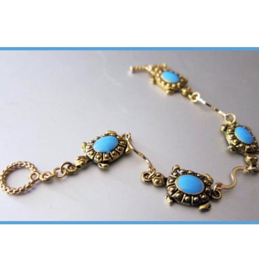 Hand Crafted Turtle Bracelet Linked Gold & Turquoise New Charm Tortoise - Picture 4 of 6